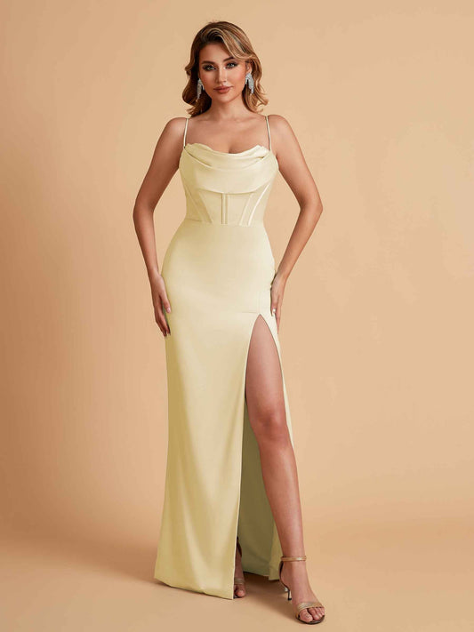 Elegant Satin Spaghetti Straps Mermaid Side Slit Floor Length Bridesmaid Dresses