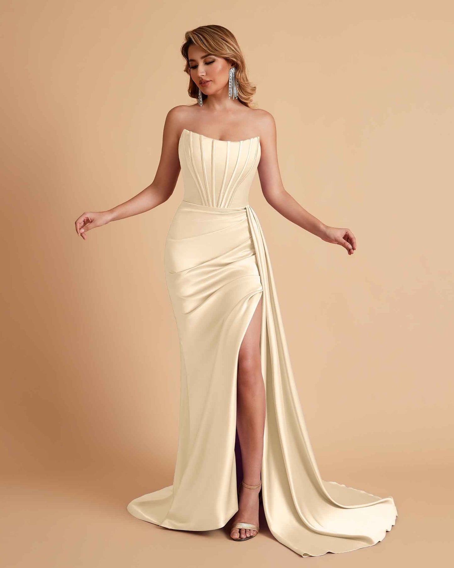 Sexy Satin Sleeveless Pleats Mermaid Bridesmaid Dresses Side Slit Floor Length