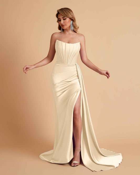 Sexy Satin Sleeveless Pleats Mermaid Bridesmaid Dresses Side Slit Floor Length