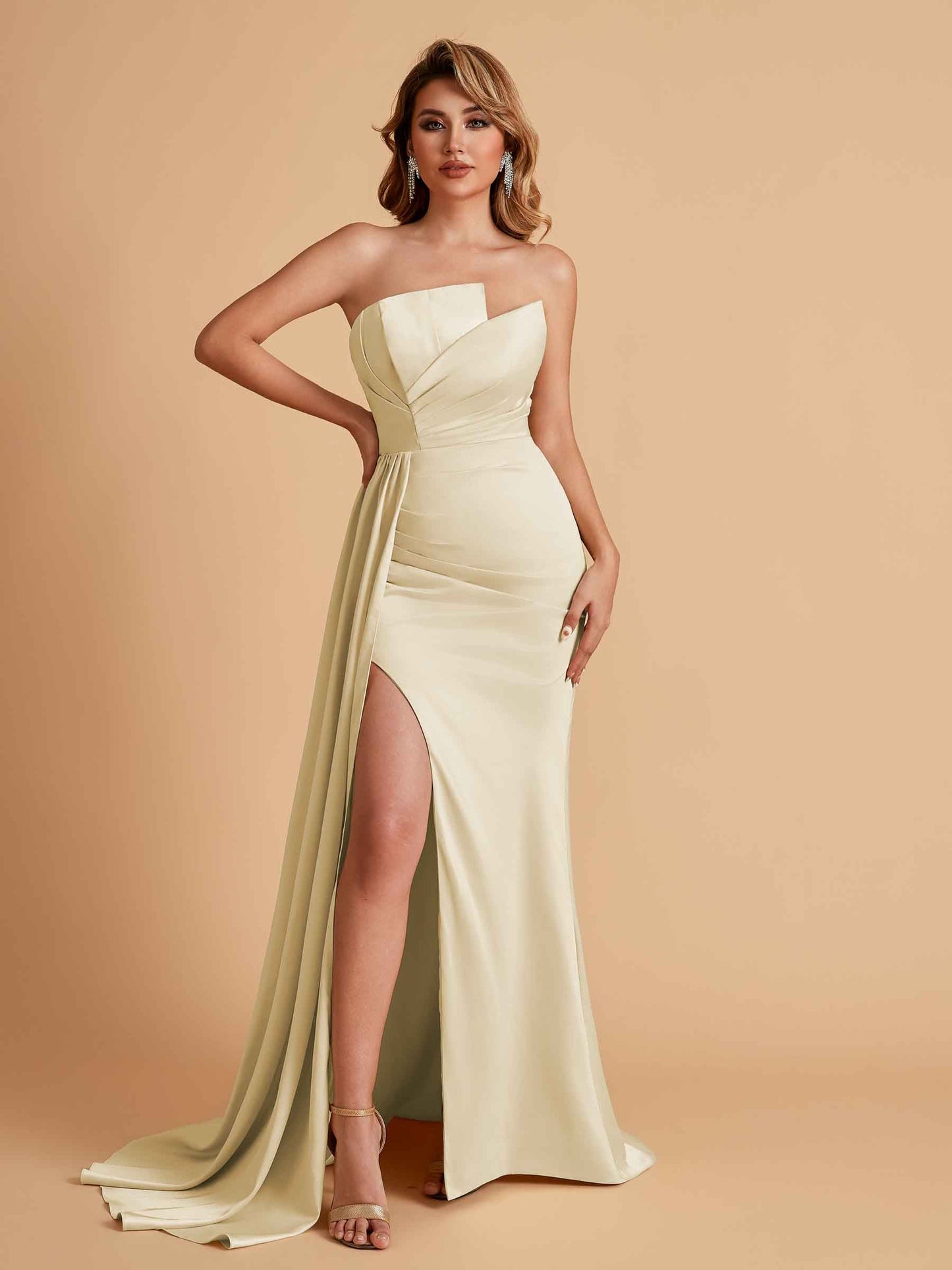 Elegant Satin Sleeveless Asymmetrical Mermaid Side Slit Floor Length Bridesmaid Dresses