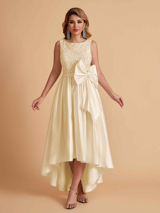 Sparkly Satin Sleeveless Pleats A-line Bridesmaid Dresses High-Low