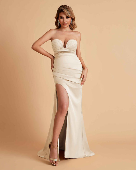 Elegant Satin Sweetheart Mermaid Side Slit Floor Length Bridesmaid Dresses