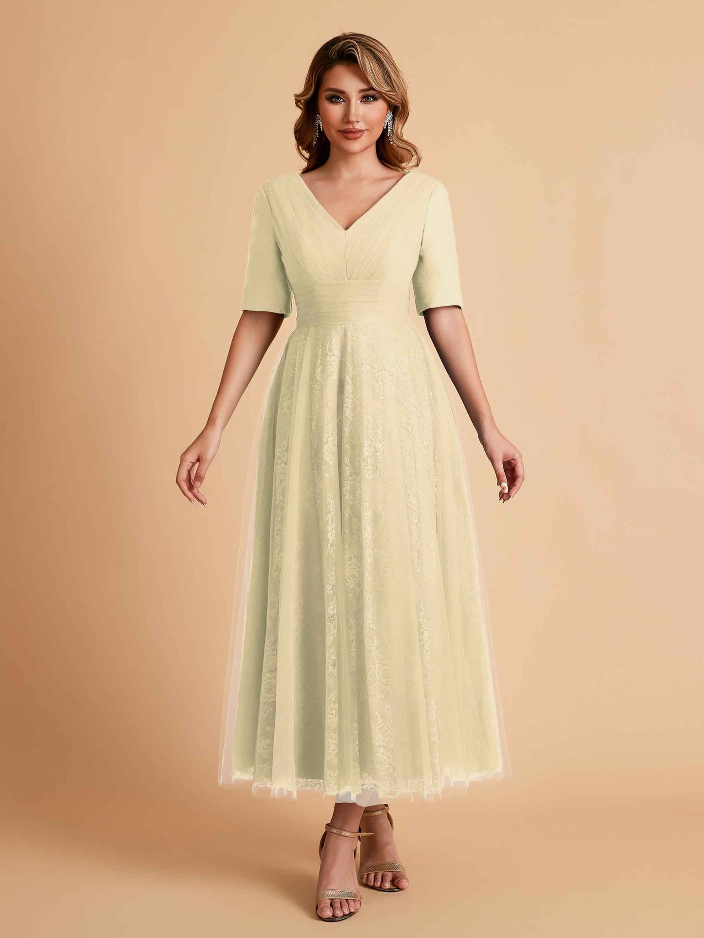 Elegant A-line Half Sleeves V-neck Mother of the Brides Dresses Online