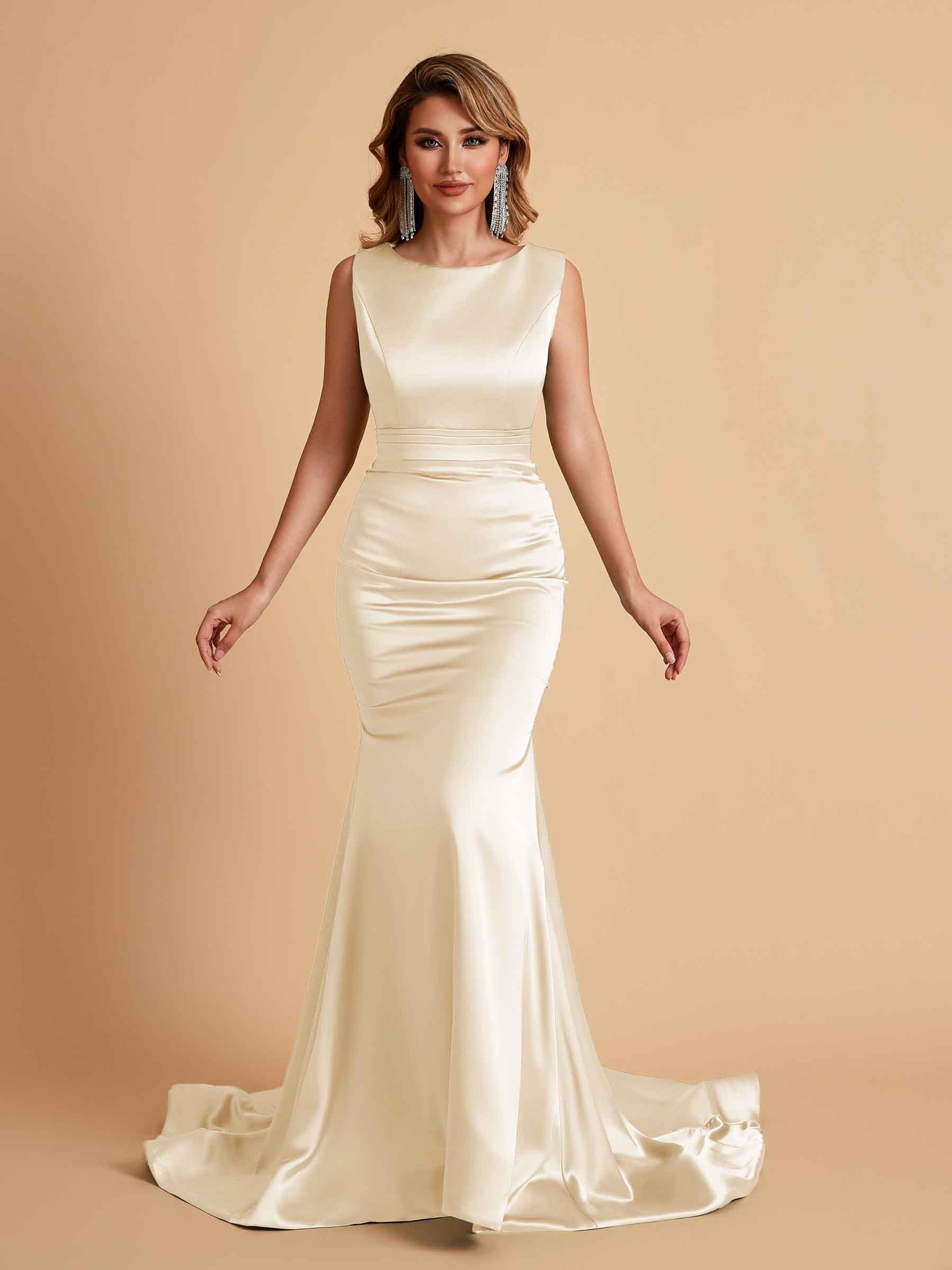Elegant Satin Sleeveless Pleats Mermaid Bridesmaid Dresses Floor Length