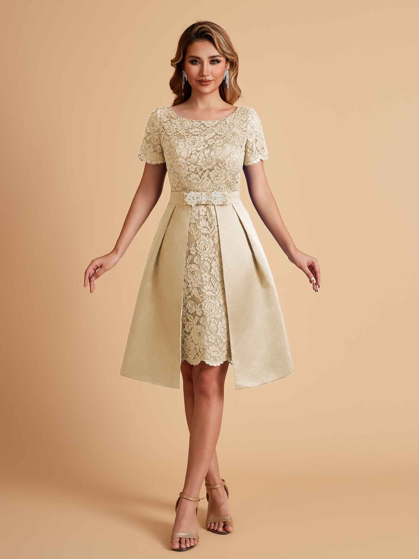 Elegant A-line Short Sleeves Jewel Knee Length Mother of the Brides Dresses