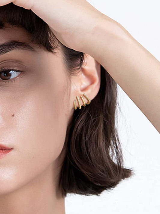 Cubic Zircon Half Hoop Stud Earrings Looks Like 4 Hoop Earrings