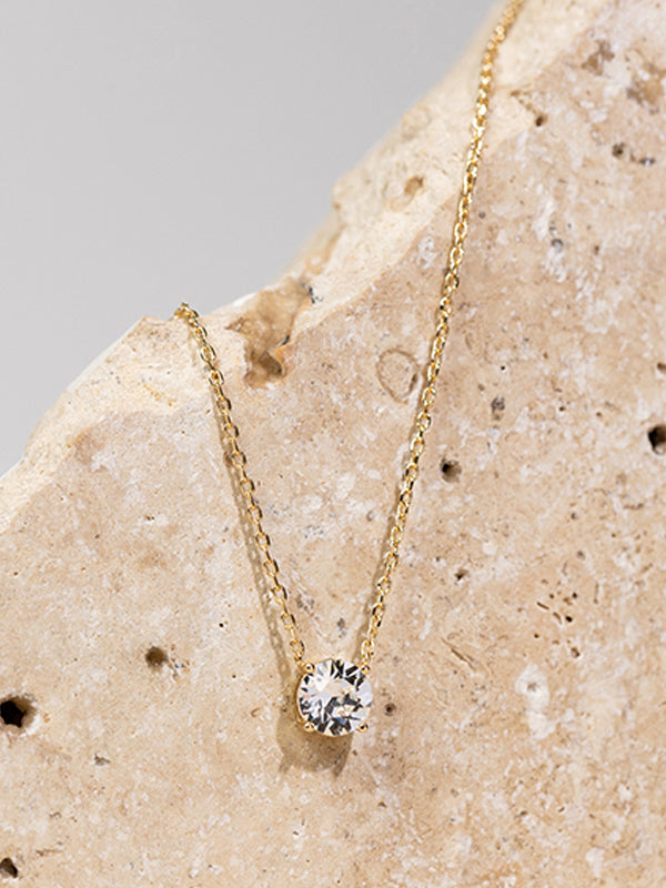 14K Gold Plated Crystal Solitaire 1.5 Carat CZ Dainty Choker Necklace For Women