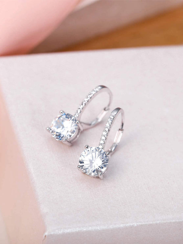 925 Sterling Silver CZ Prong Setting Gorgeous Bridal Prom Lever-back Dangle Earrings