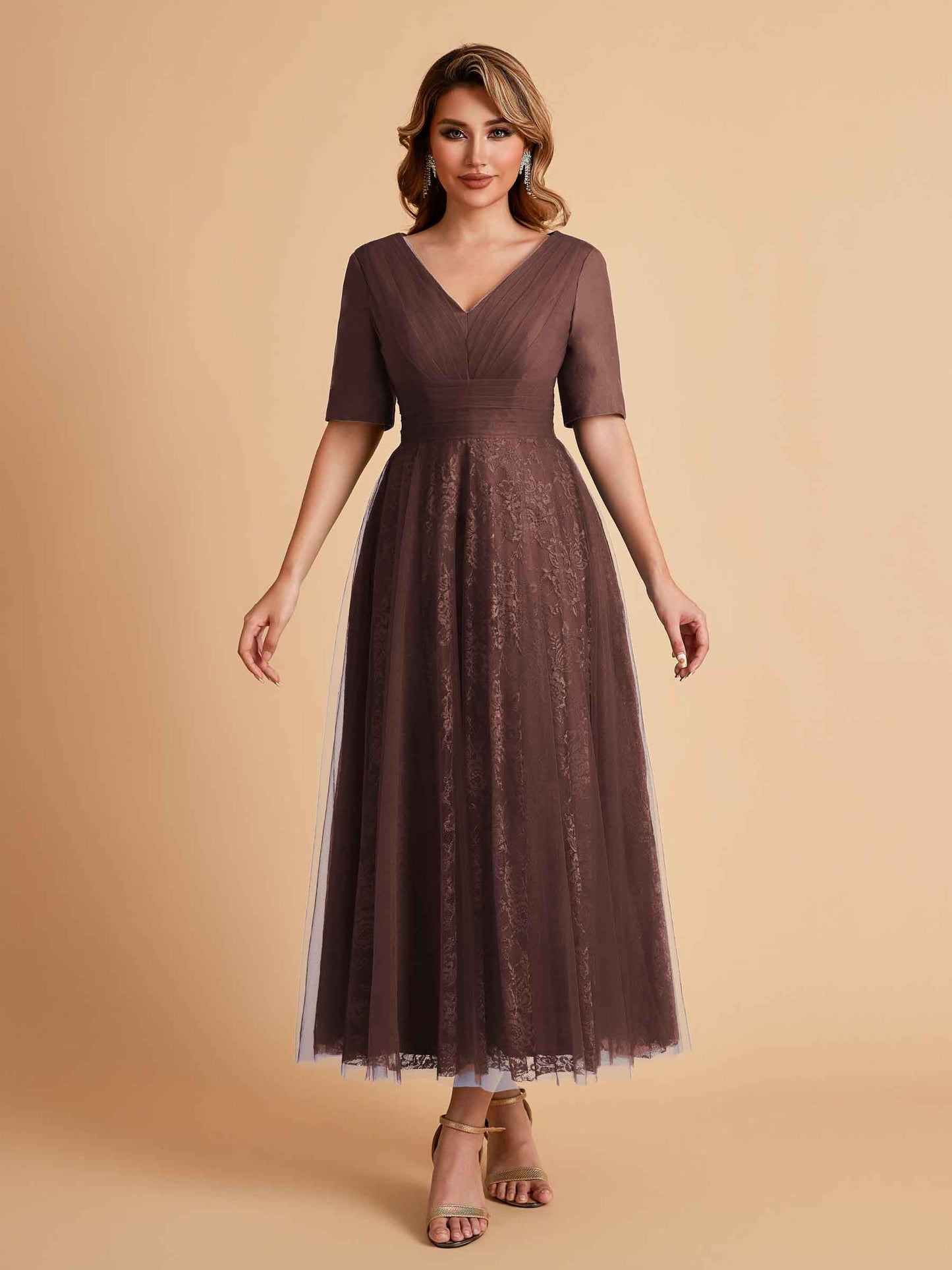 Elegant A-line Half Sleeves V-neck Mother of the Brides Dresses Online