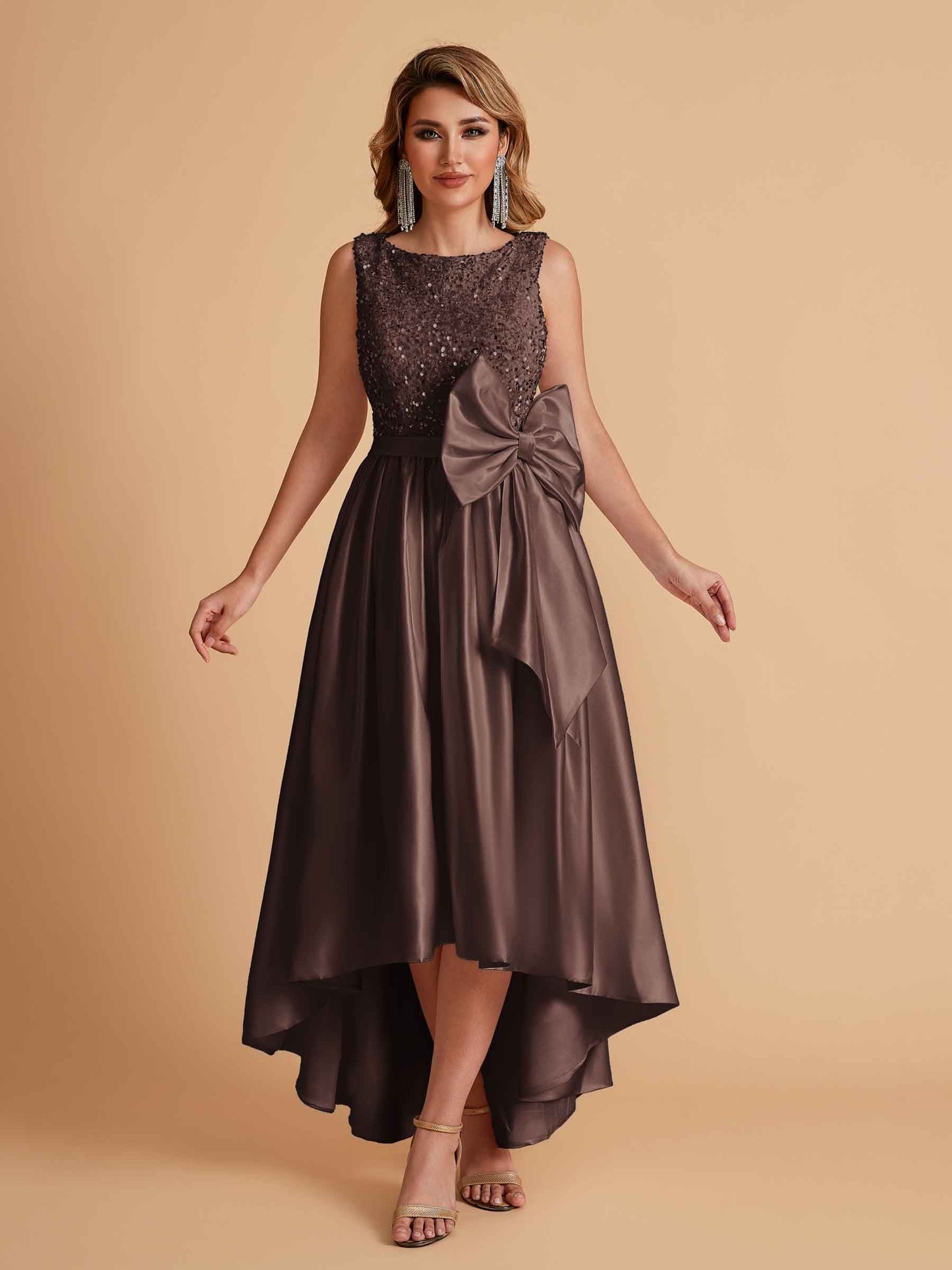 Sparkly Satin Sleeveless Pleats A-line Bridesmaid Dresses High-Low
