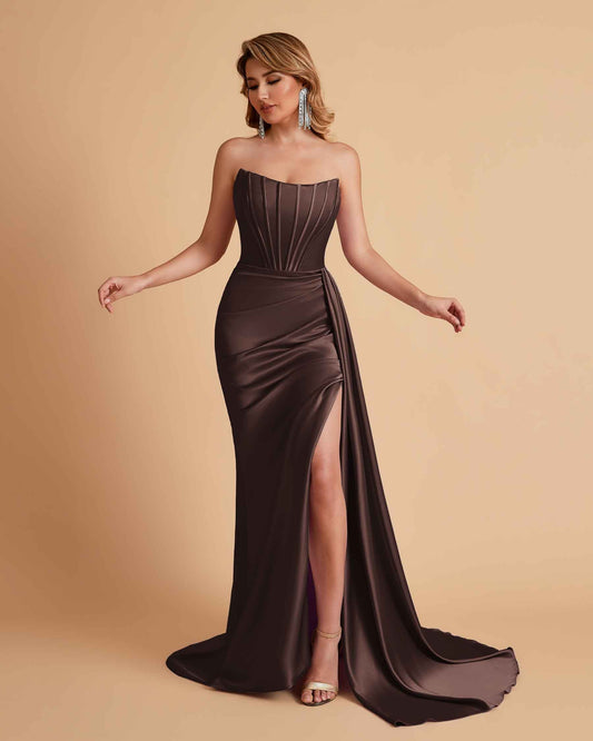 Sexy Satin Sleeveless Pleats Mermaid Bridesmaid Dresses Side Slit Floor Length