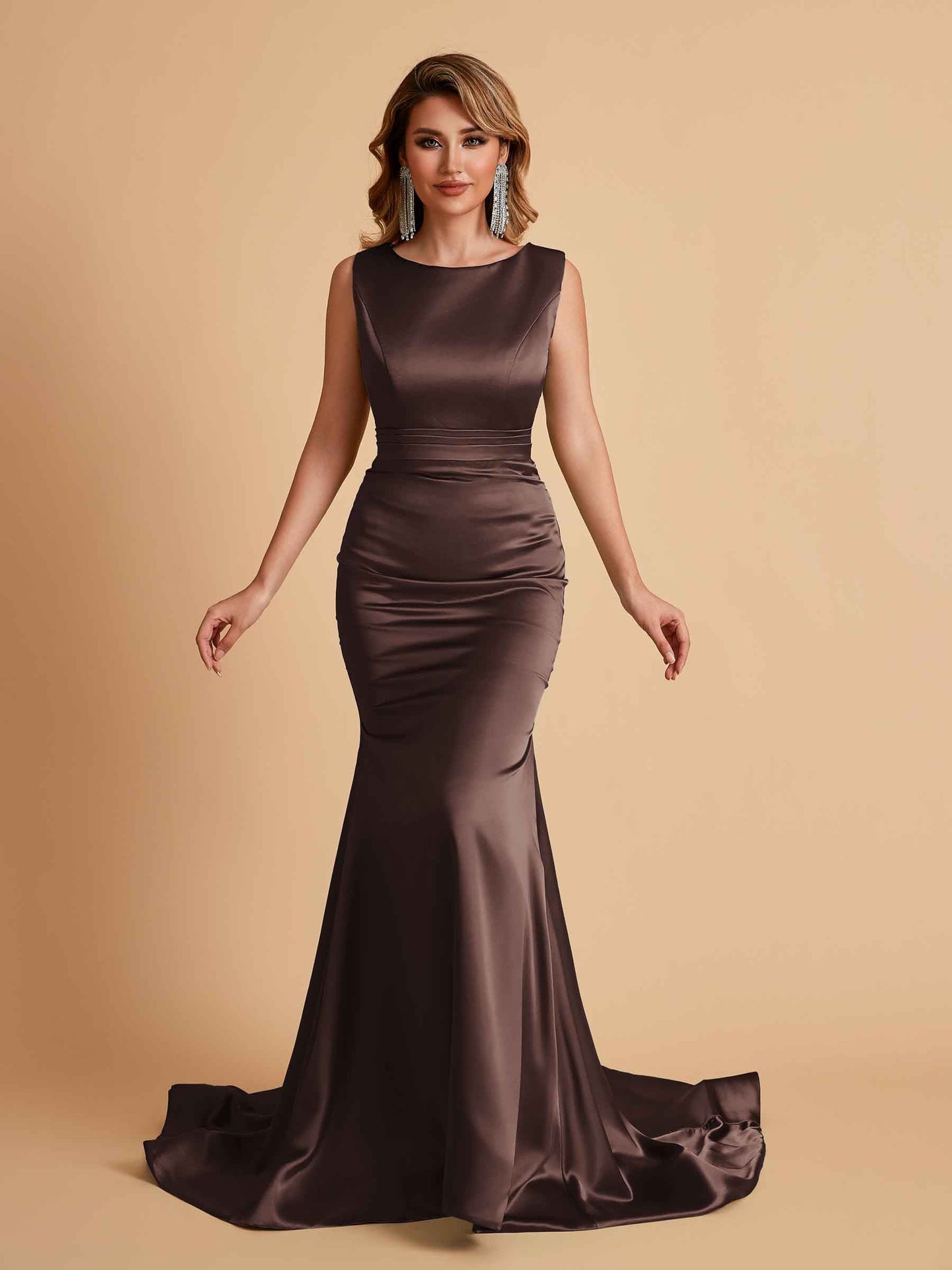 Elegant Satin Sleeveless Pleats Mermaid Bridesmaid Dresses Floor Length