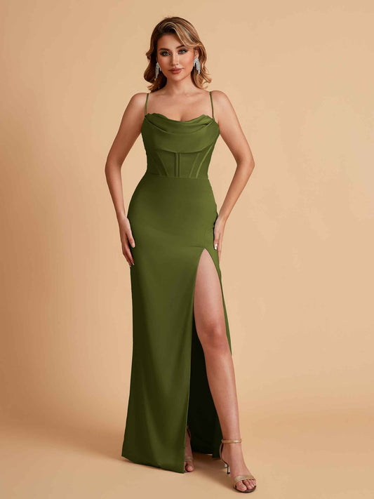Elegant Satin Spaghetti Straps Mermaid Side Slit Floor Length Bridesmaid Dresses