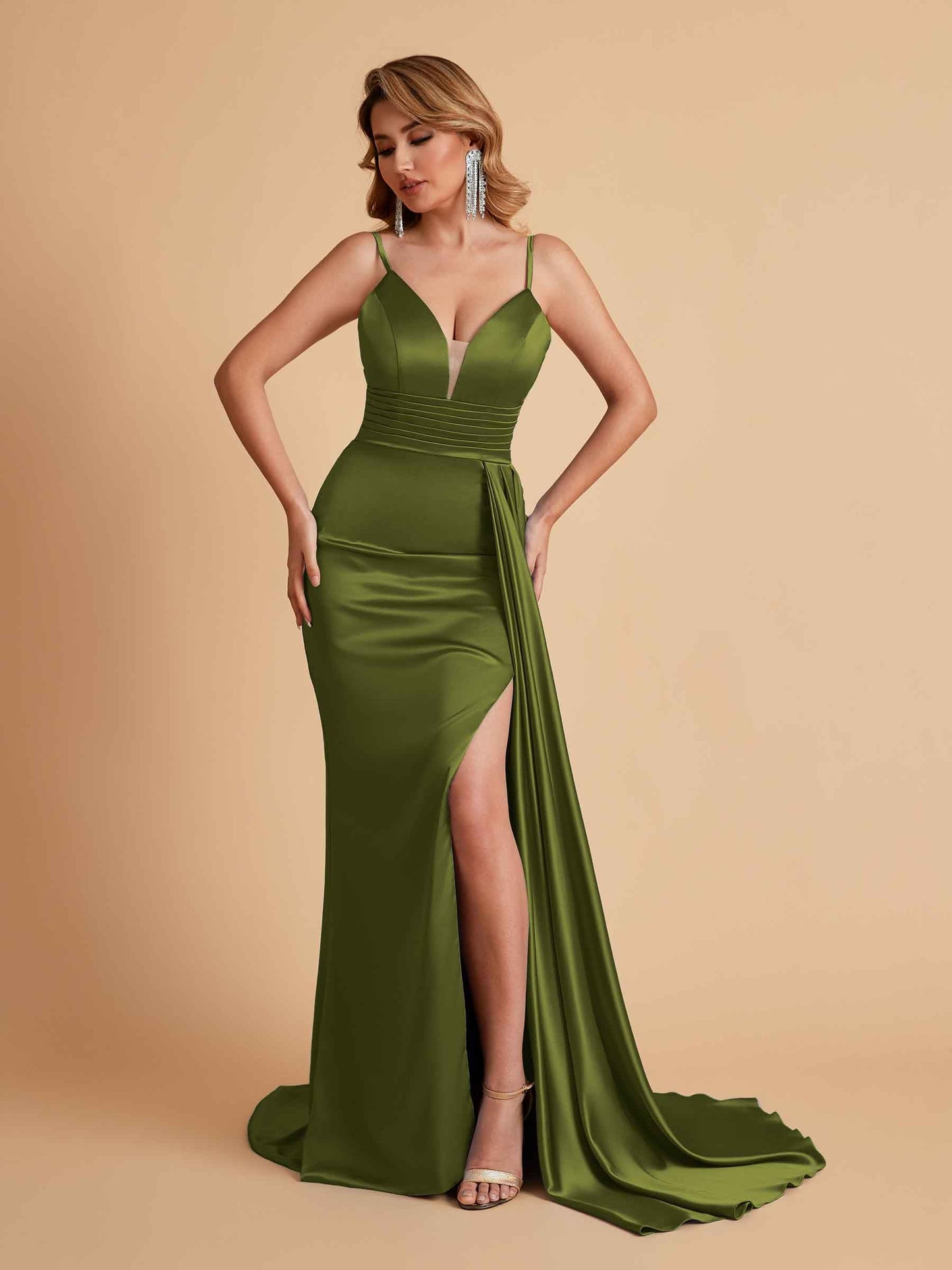 Sexy Satin Mermaid Spaghetti Straps V-neck Side Slit Long Bridesmaid Dresses