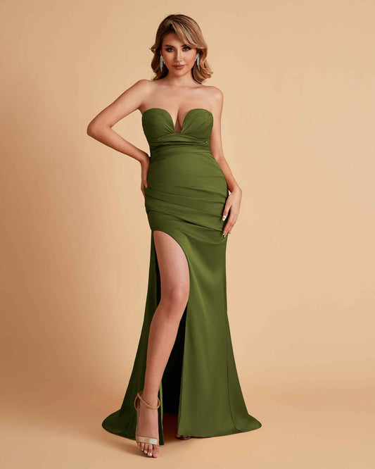 Elegant Satin Sweetheart Mermaid Side Slit Floor Length Bridesmaid Dresses