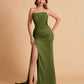 Elegant Satin Straight Neck Mermaid Side Slit Floor Length Bridesmaid Dresses