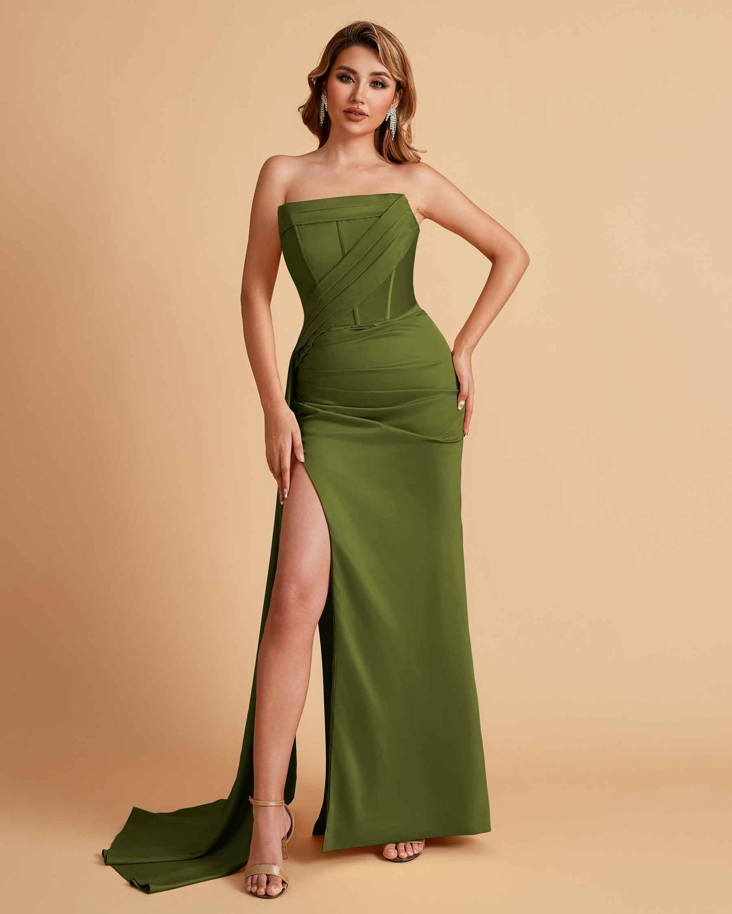 Elegant Satin Straight Neck Mermaid Side Slit Floor Length Bridesmaid Dresses