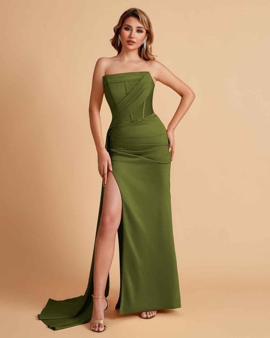 Elegant Satin Straight Neck Mermaid Side Slit Floor Length Bridesmaid Dresses