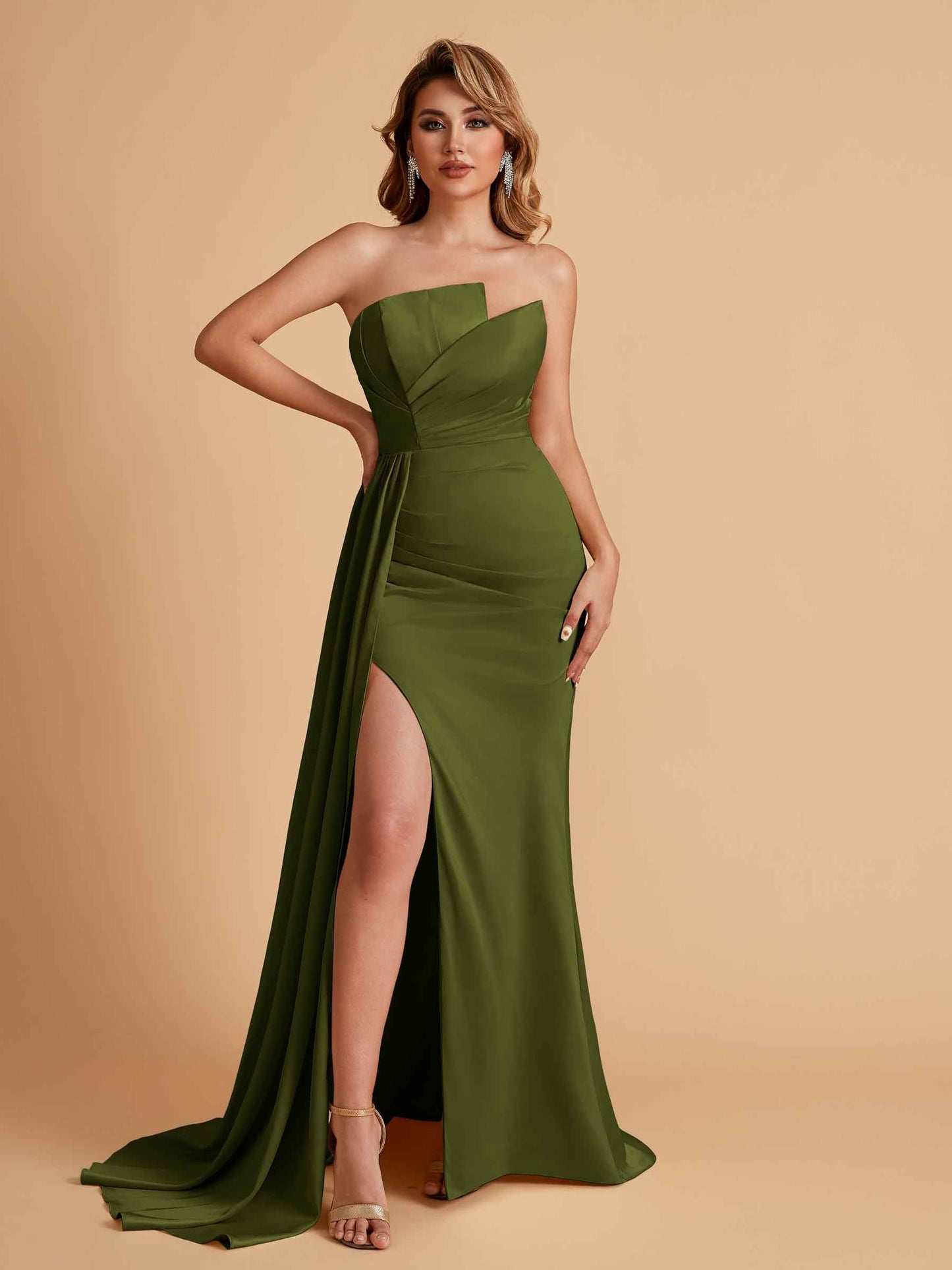 Elegant Satin Sleeveless Asymmetrical Mermaid Side Slit Floor Length Bridesmaid Dresses
