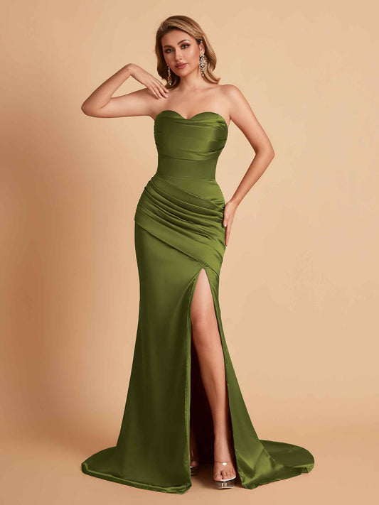 Sexy Soft Satin Strapless Sweetheart Pleats Side Slit Floor-Length Mermaid Bridesmaid Dresses Online