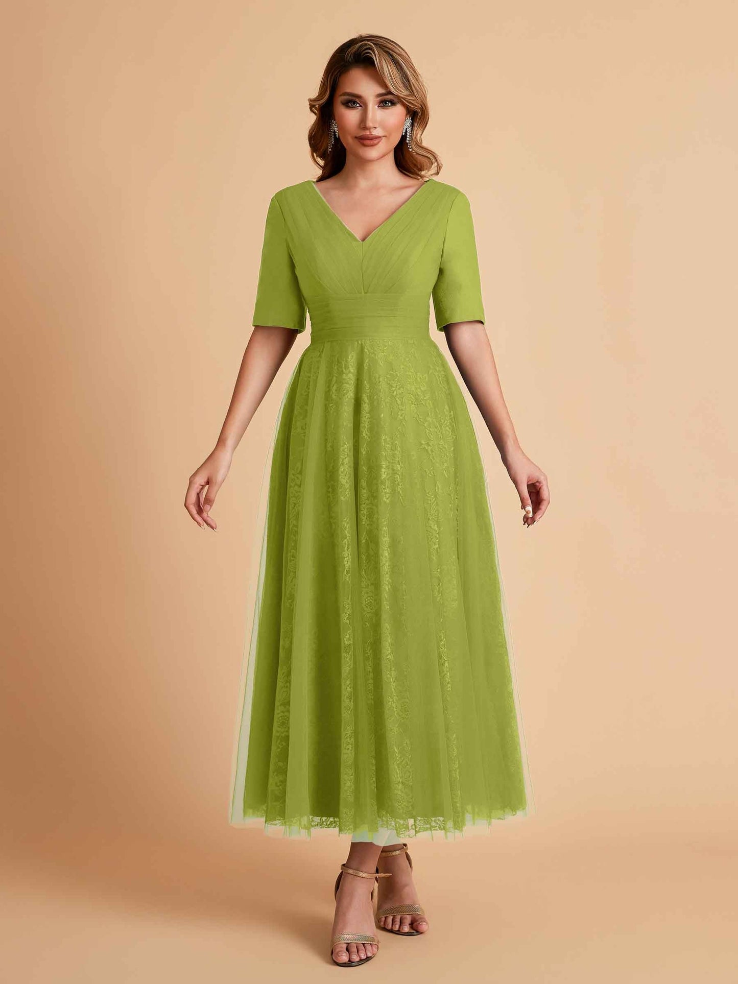 Elegant A-line Half Sleeves V-neck Mother of the Brides Dresses Online