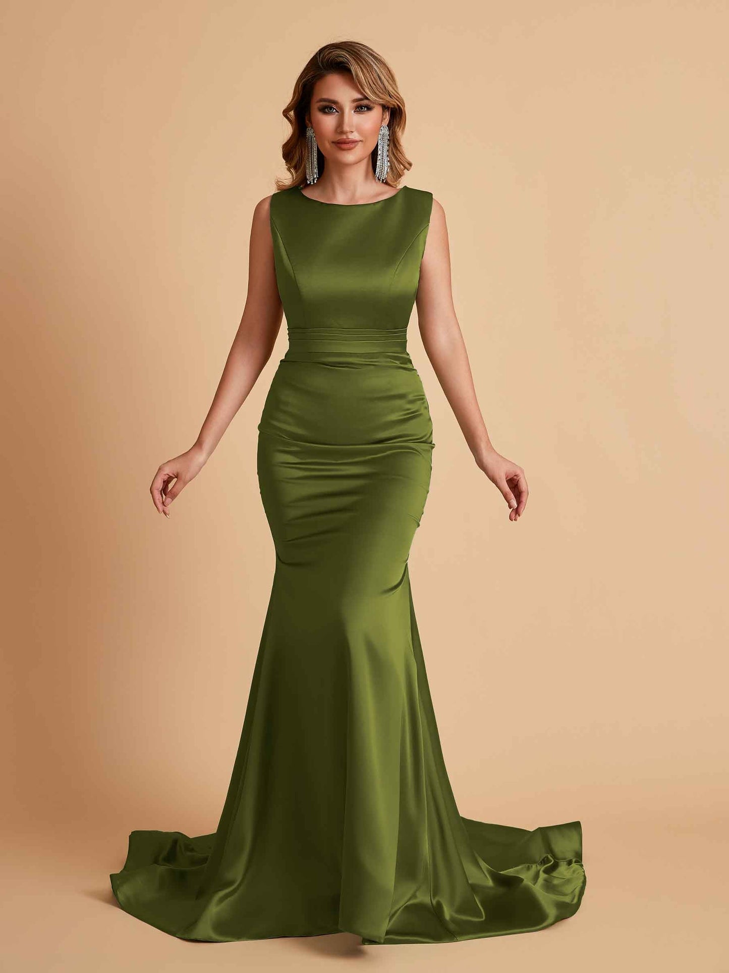 Elegant Satin Sleeveless Pleats Mermaid Bridesmaid Dresses Floor Length