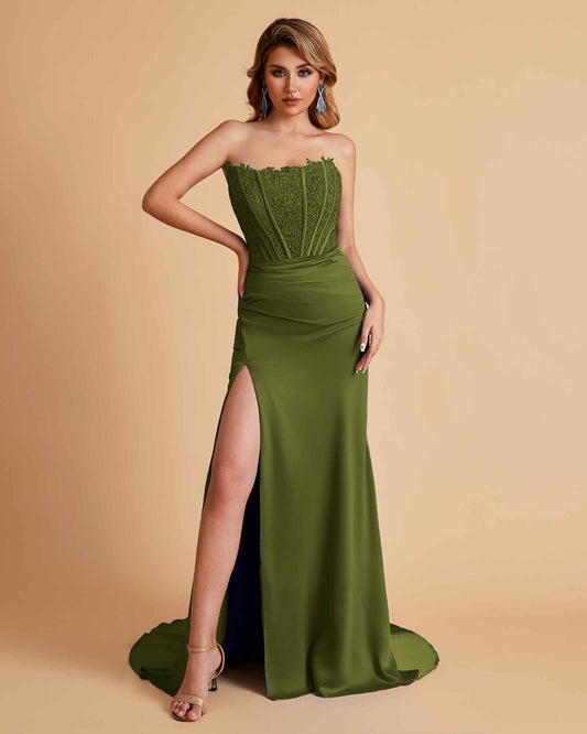 Sexy Satin Strapless Side Slit Floor Length Lace Mermaid Bridesmaid Dresses