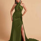 Elegant Satin Halter Pleats Side Slit Mermaid Bridesmaid Dresses Floor-Length