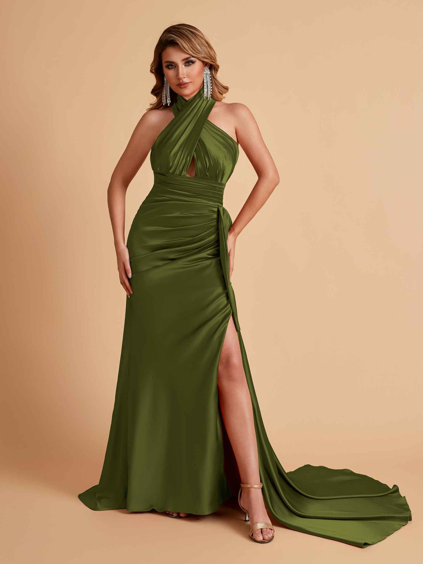 Elegant Satin Halter Pleats Side Slit Mermaid Bridesmaid Dresses Floor-Length