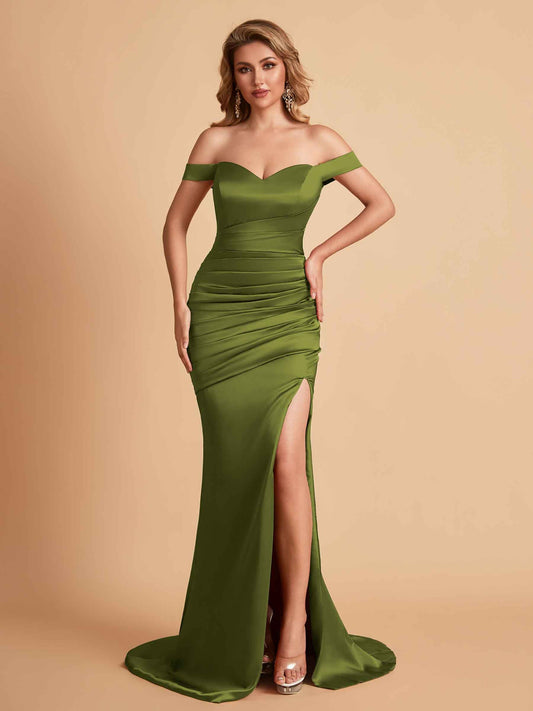 Sexy Soft Satin Off Shoulder Pleats Side Slit Floor-Length Mermaid Bridesmaid Dresses Online