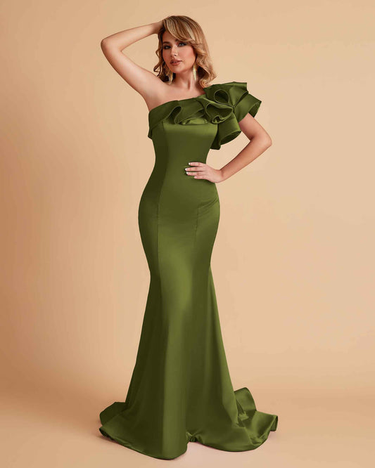 Elegant Satin One Shoulder Pleats Mermaid Bridesmaid Dresses Floor Length