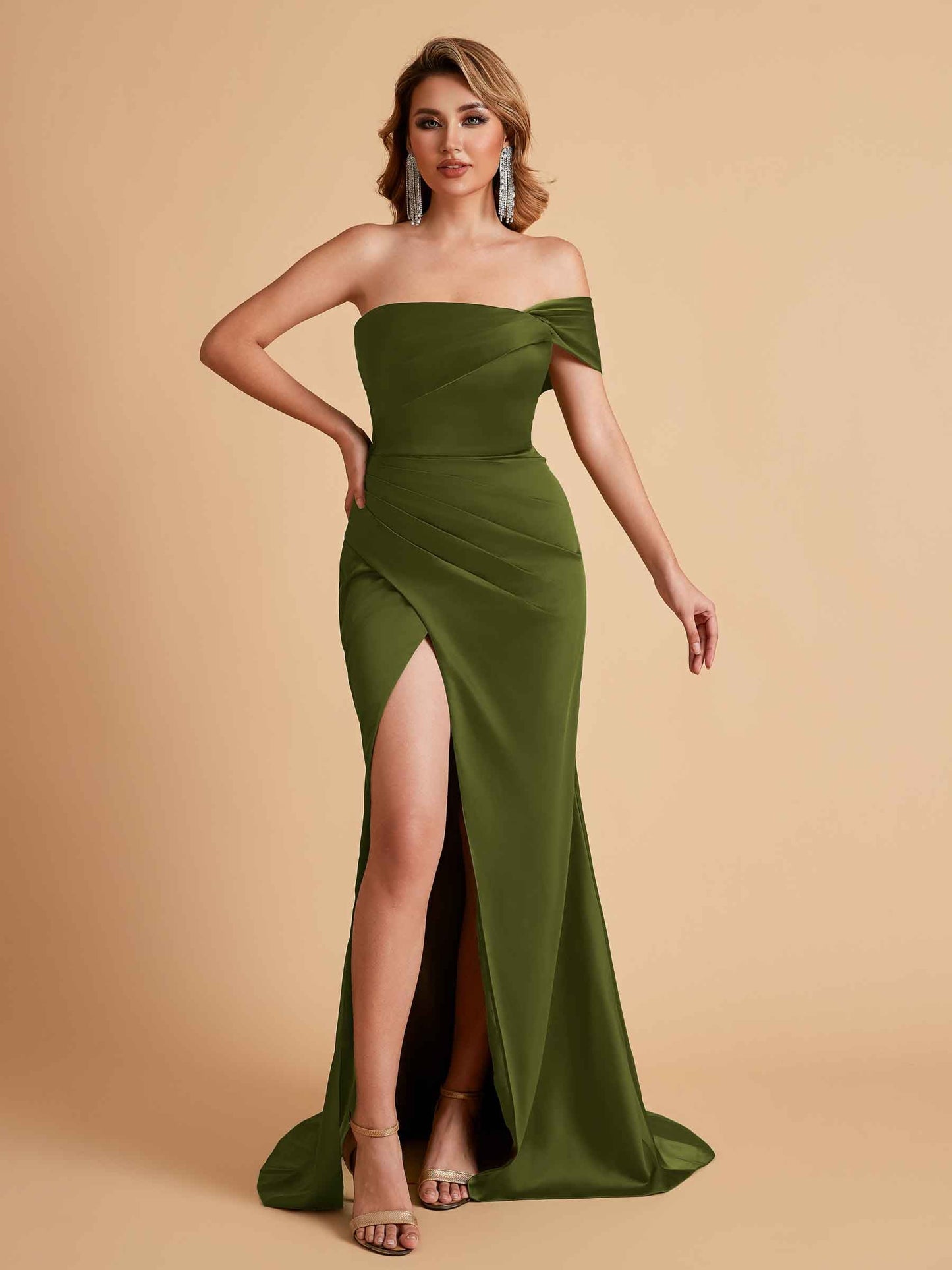 Sexy Satin One Shoulder Pleats Mermaid Bridesmaid Dresses Side Slit Floor Length
