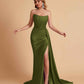 Sexy Satin Sleeveless Pleats Mermaid Bridesmaid Dresses Side Slit Floor Length