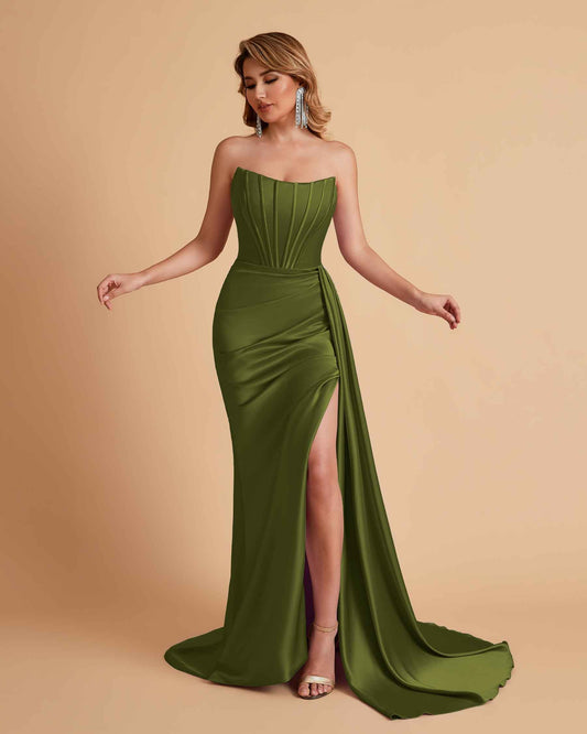 Sexy Satin Sleeveless Pleats Mermaid Bridesmaid Dresses Side Slit Floor Length