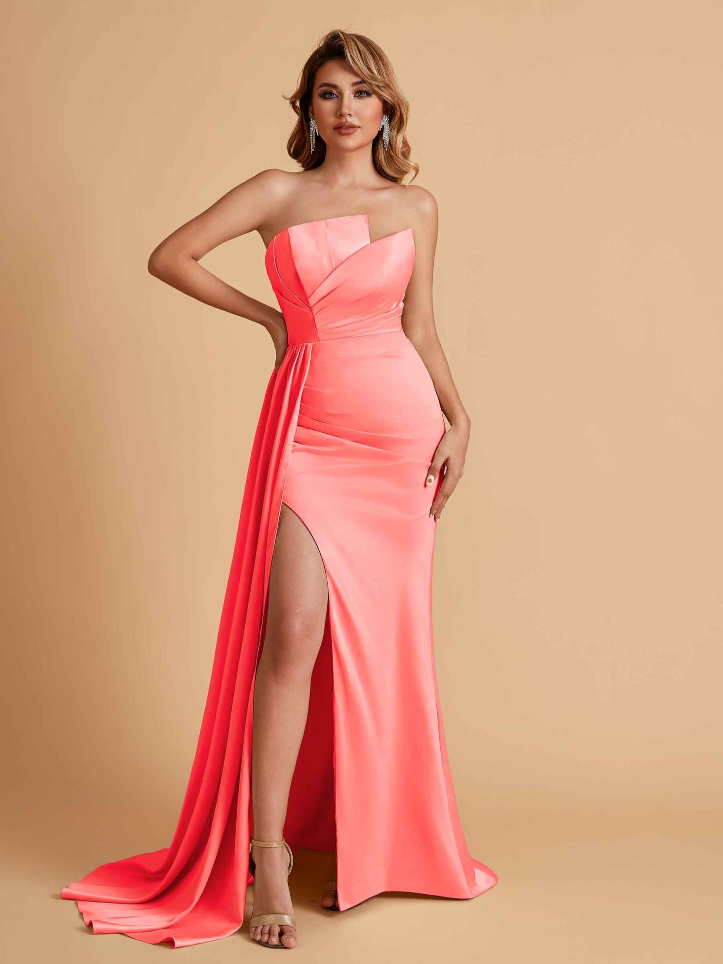 Elegant Satin Sleeveless Asymmetrical Mermaid Side Slit Floor Length Bridesmaid Dresses