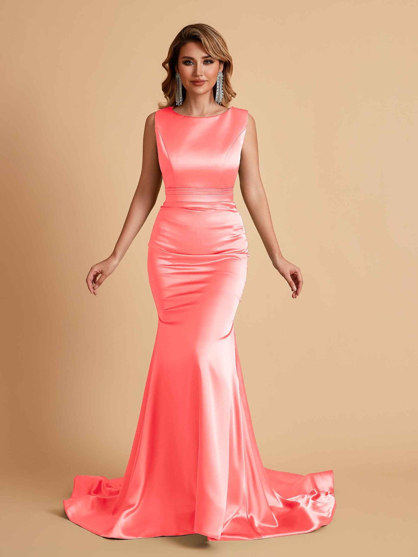 Elegant Satin Sleeveless Pleats Mermaid Bridesmaid Dresses Floor Length