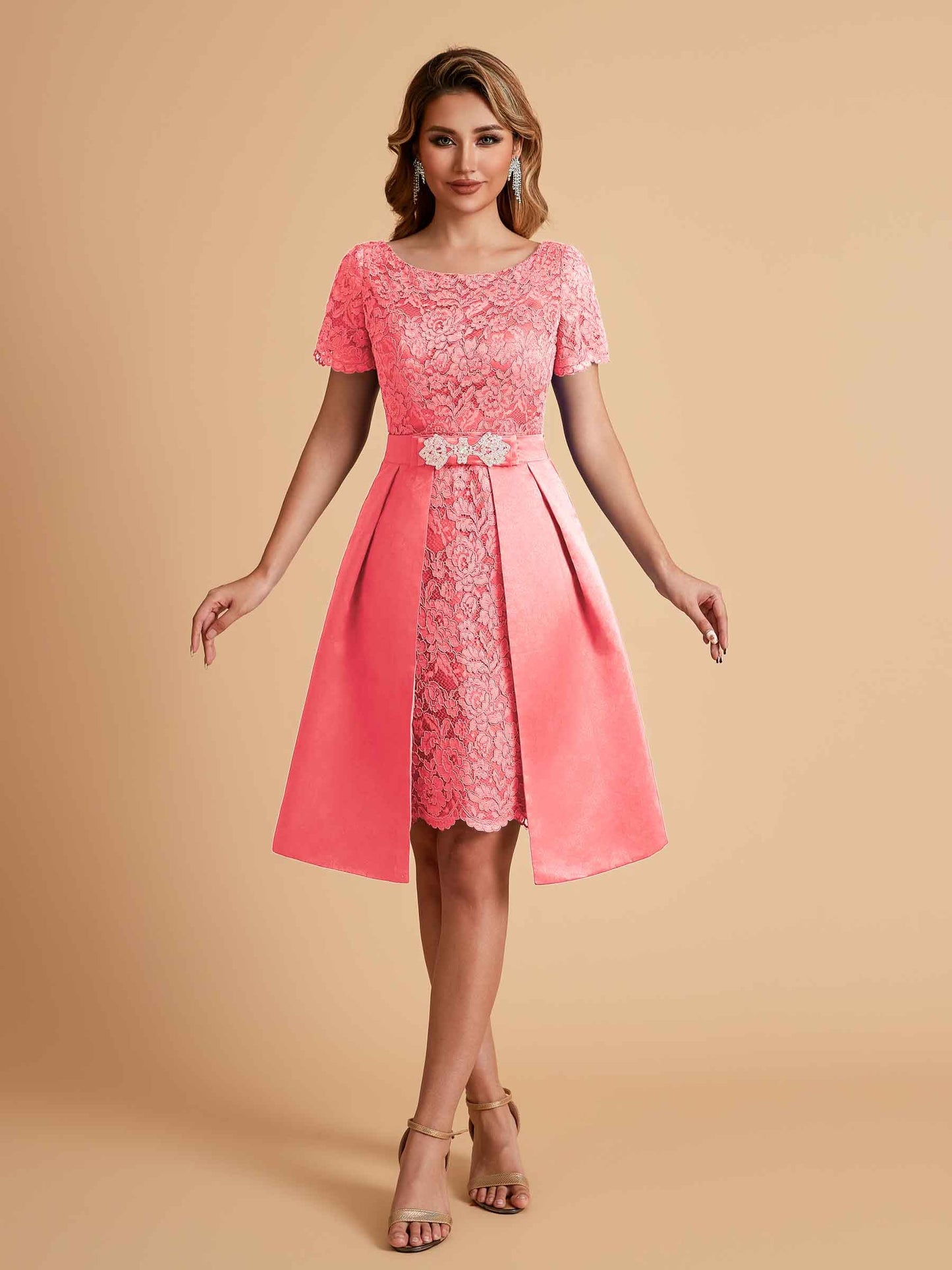 Elegant A-line Short Sleeves Jewel Knee Length Mother of the Brides Dresses