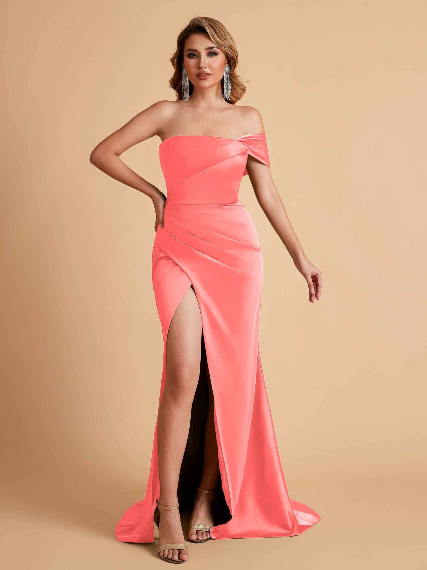 Sexy Satin One Shoulder Pleats Mermaid Bridesmaid Dresses Side Slit Floor Length