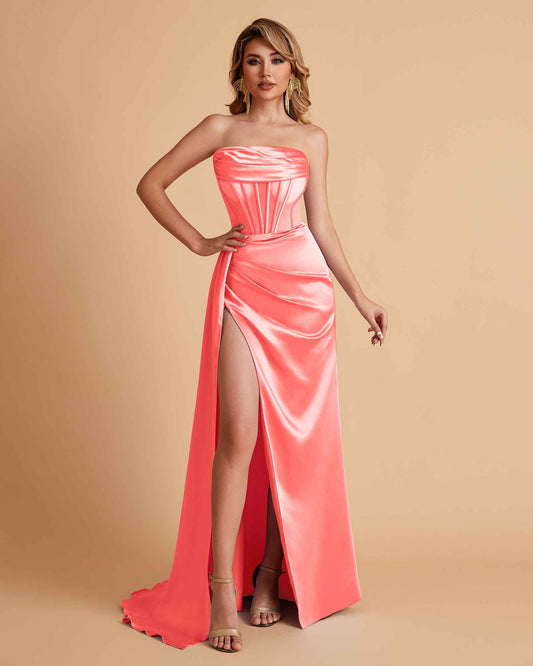 Sexy Satin Strapless Pleats Mermaid Bridesmaid Dresses Side Slit Floor Length