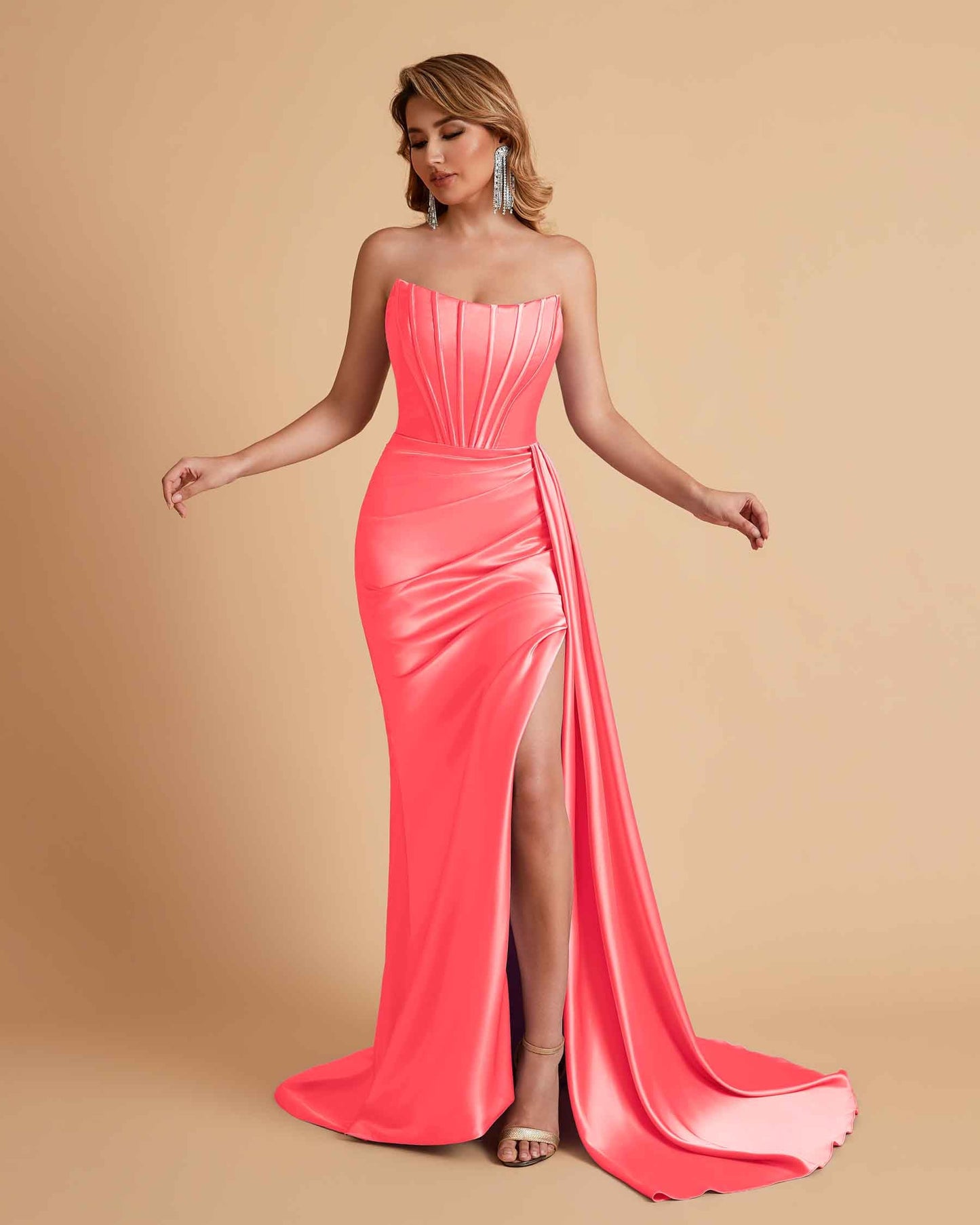 Sexy Satin Sleeveless Pleats Mermaid Bridesmaid Dresses Side Slit Floor Length