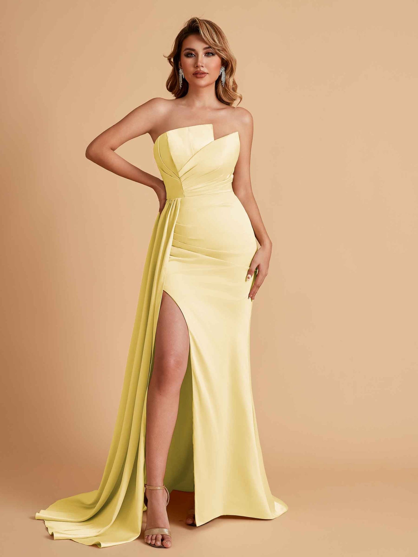 Elegant Satin Sleeveless Asymmetrical Mermaid Side Slit Floor Length Bridesmaid Dresses