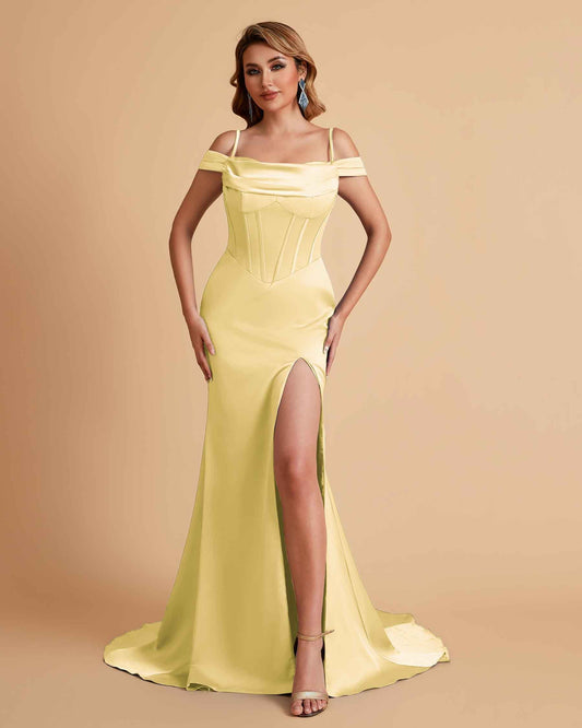 Sexy Satin Spaghetti Straps Off-Shoulder Side Slit Floor Length Mermaid Bridesmaid Dresses