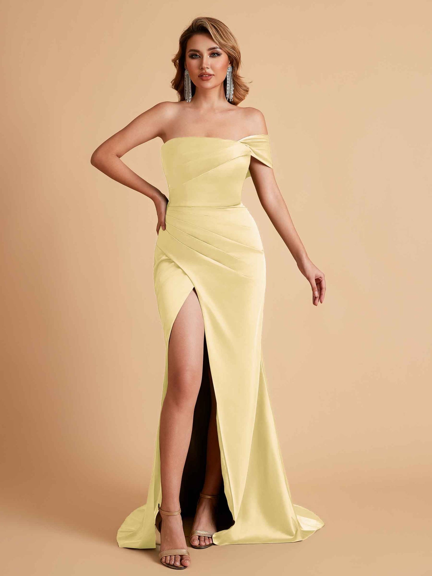 Sexy Satin One Shoulder Pleats Mermaid Bridesmaid Dresses Side Slit Floor Length