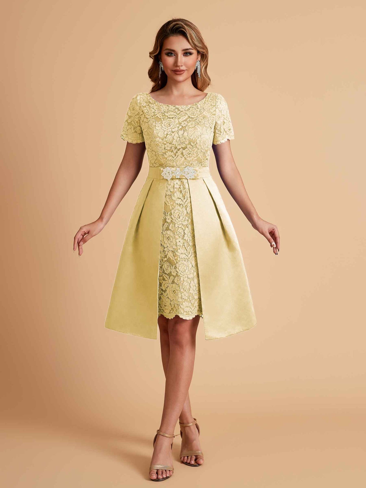 Elegant A-line Short Sleeves Jewel Knee Length Mother of the Brides Dresses