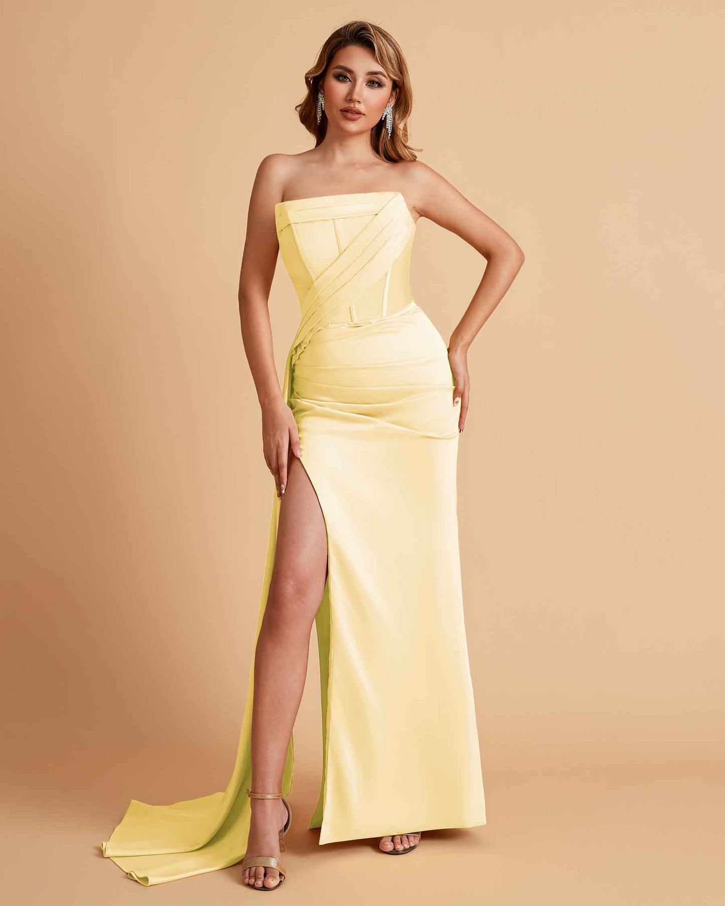 Elegant Satin Straight Neck Mermaid Side Slit Floor Length Bridesmaid Dresses