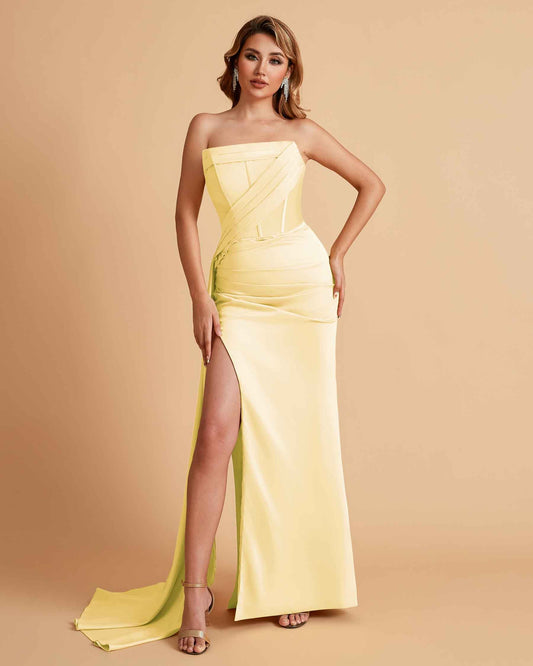 Elegant Satin Straight Neck Mermaid Side Slit Floor Length Bridesmaid Dresses