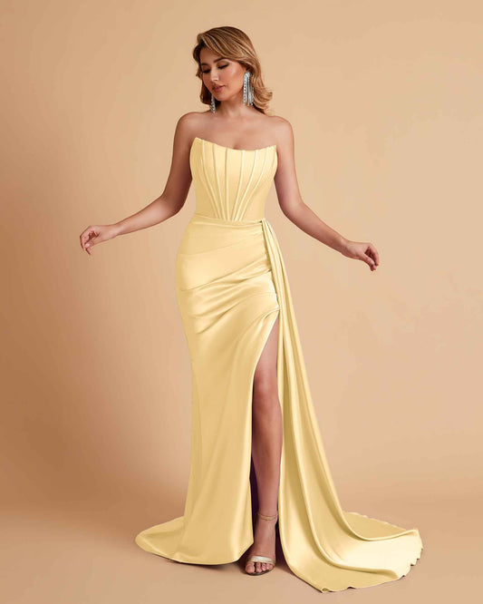 Sexy Satin Sleeveless Pleats Mermaid Bridesmaid Dresses Side Slit Floor Length