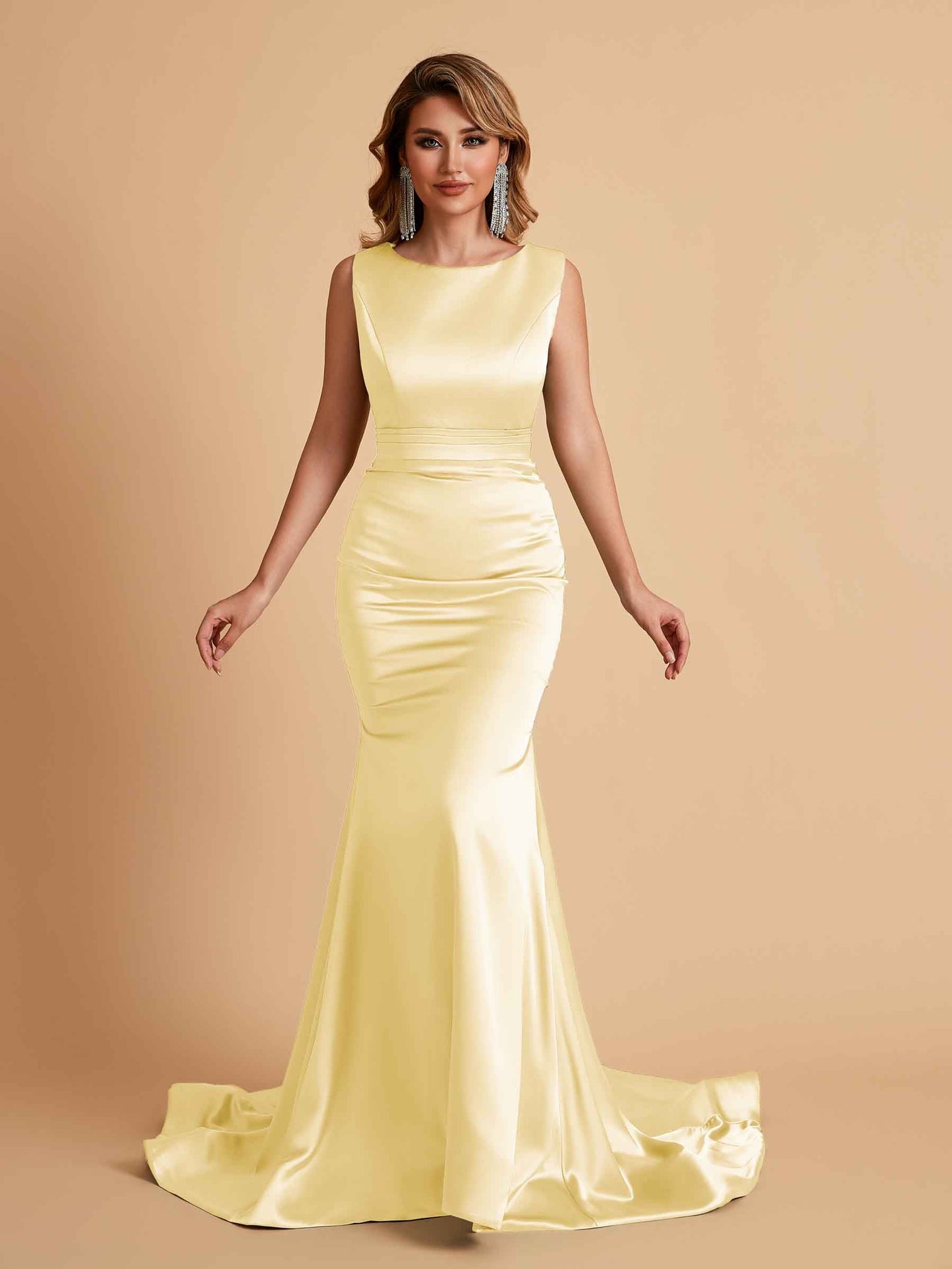 Elegant Satin Sleeveless Pleats Mermaid Bridesmaid Dresses Floor Length