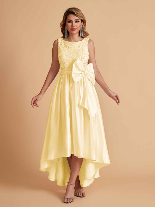 Sparkly Satin Sleeveless Pleats A-line Bridesmaid Dresses High-Low