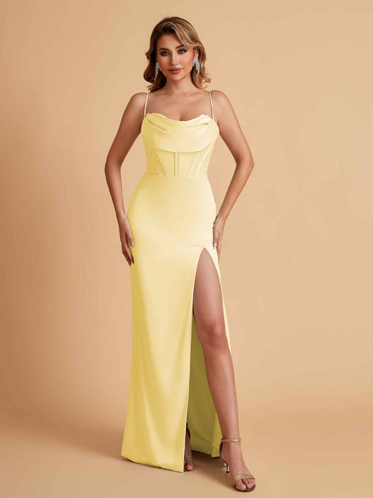 Elegant Satin Spaghetti Straps Mermaid Side Slit Floor Length Bridesmaid Dresses